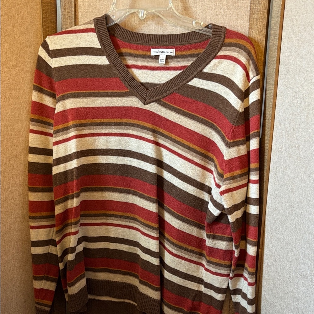 croft & barrow V-Neck Striped Sweater - Red, Brown, Cream large